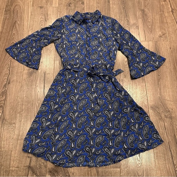 Banana Republic Career Dress Women's Size 4 Blue Paisley Print Belt Bell Sleeve - Picture 8 of 11
